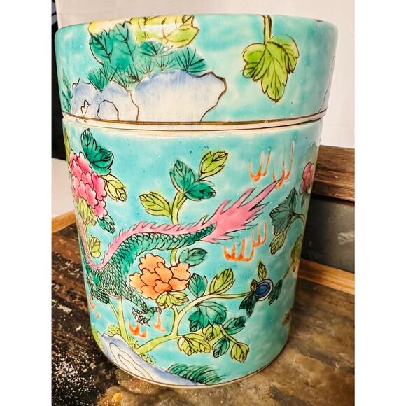 Ceramic Asian Tea Jar with Lid Hand Painted Antique Tea caddy Ginger Jar - Picture 8 of 10